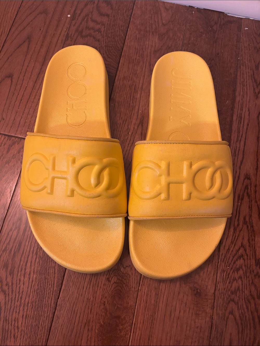 Jimmy Choo Yellow Logo Slide Sandals